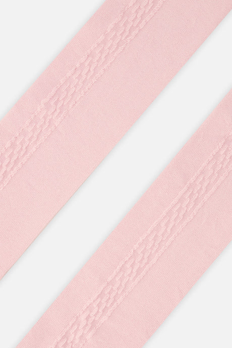 Close-up of the raised cable-style panel on the dusty pink Deux par Deux baby tights