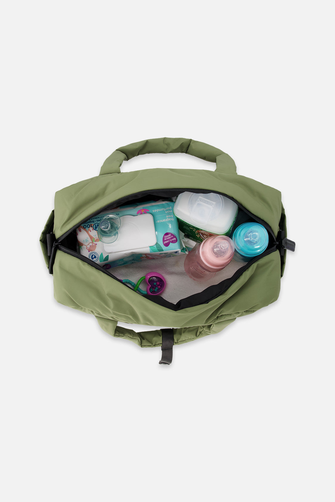 Top view of the open olive green diaper bag with wipes, bottles and a white container inside