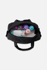 Open black diaper bag showing bottles and baby supplies packed inside