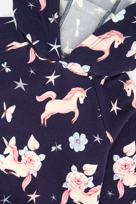 Close-up of the pink unicorns and roses and butterflies and the hood on the dark navy Deux par Deux hoodie