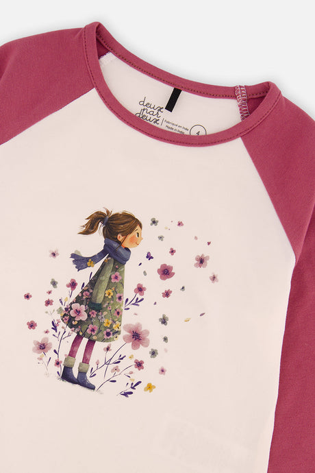 Deux par Deux Raglan Organic Cotton T-Shirt Pinkish Violet And White