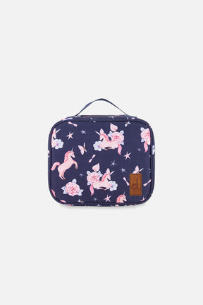 Deux par Deux snack box in navy unicorn print, front view