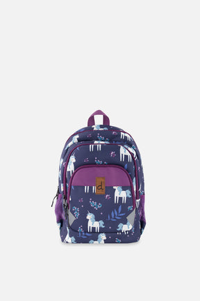 Deux par Deux little kids backpack in Blue with unicorn print, front compartments, and top carrying handle.