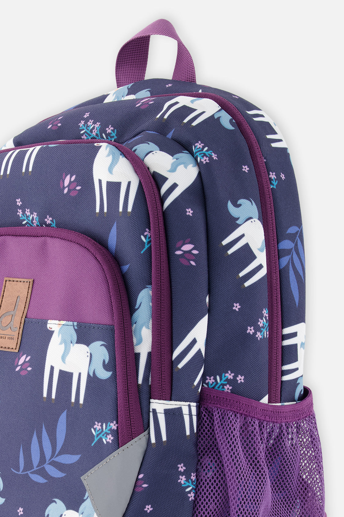 Closeup of Blue unicorn backpack with compartments, side pocket, and colorful printed details.