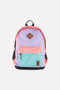 Deux par Deux kids backpack in Lavender/Turquoise/Orange color-block design with front pocket and top handle.