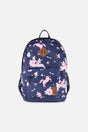 Deux par Deux kids backpack in Navy with pink unicorn print, front zip pocket, and top carrying handle.