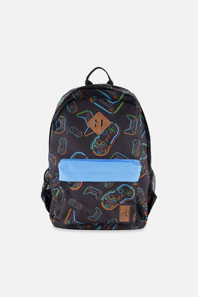 Deux par Deux kids backpack in Black with colorful controller print, front pocket, and top carrying handle.