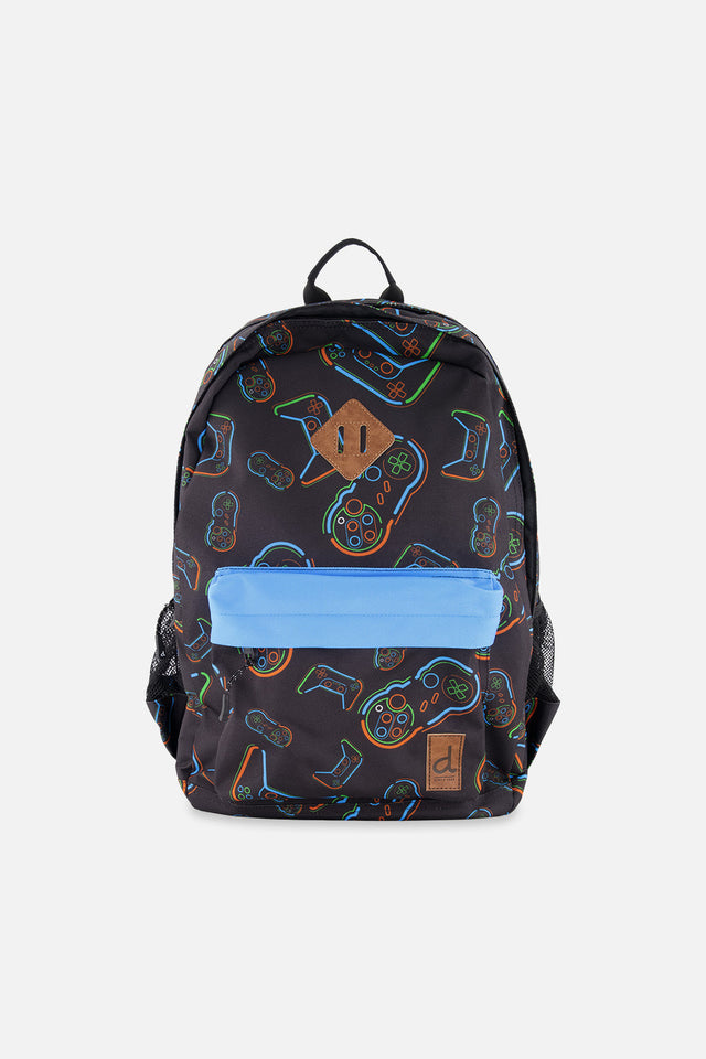 Deux par Deux kids backpack in Black with colorful controller print, front pocket, and top carrying handle.