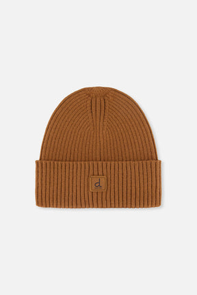 Deux par Deux kids' ribbed knit beanie in Brown Sugar with folded cuff, front view