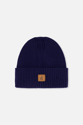 Deux par Deux kids' navy blue ribbed knit hat with fold-over cuff, front view