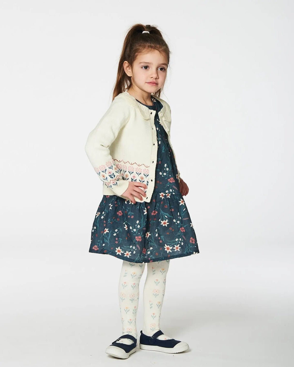 Jacquard Knit Cardigan Off White With Flowers | Deux par Deux | Jenni Kidz