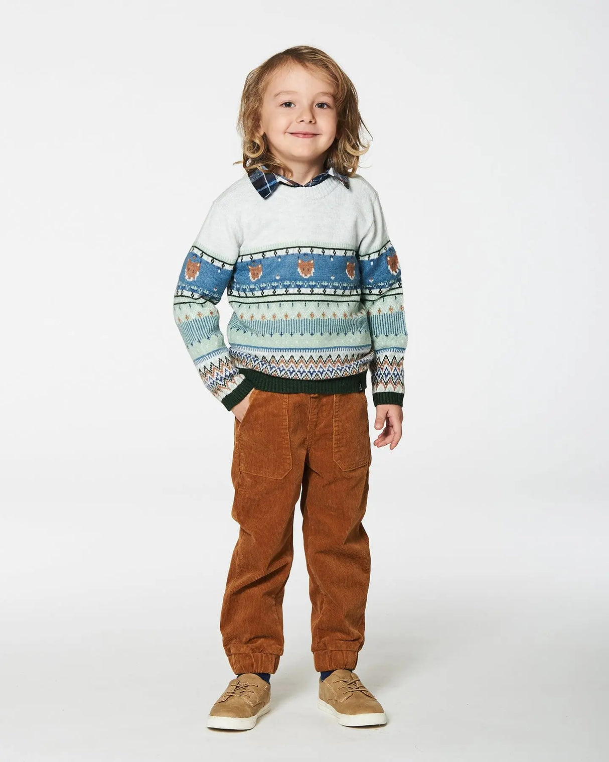 Jacquard Sweater With Fox Beige, Blue And Green | Deux par Deux | Jenni Kidz