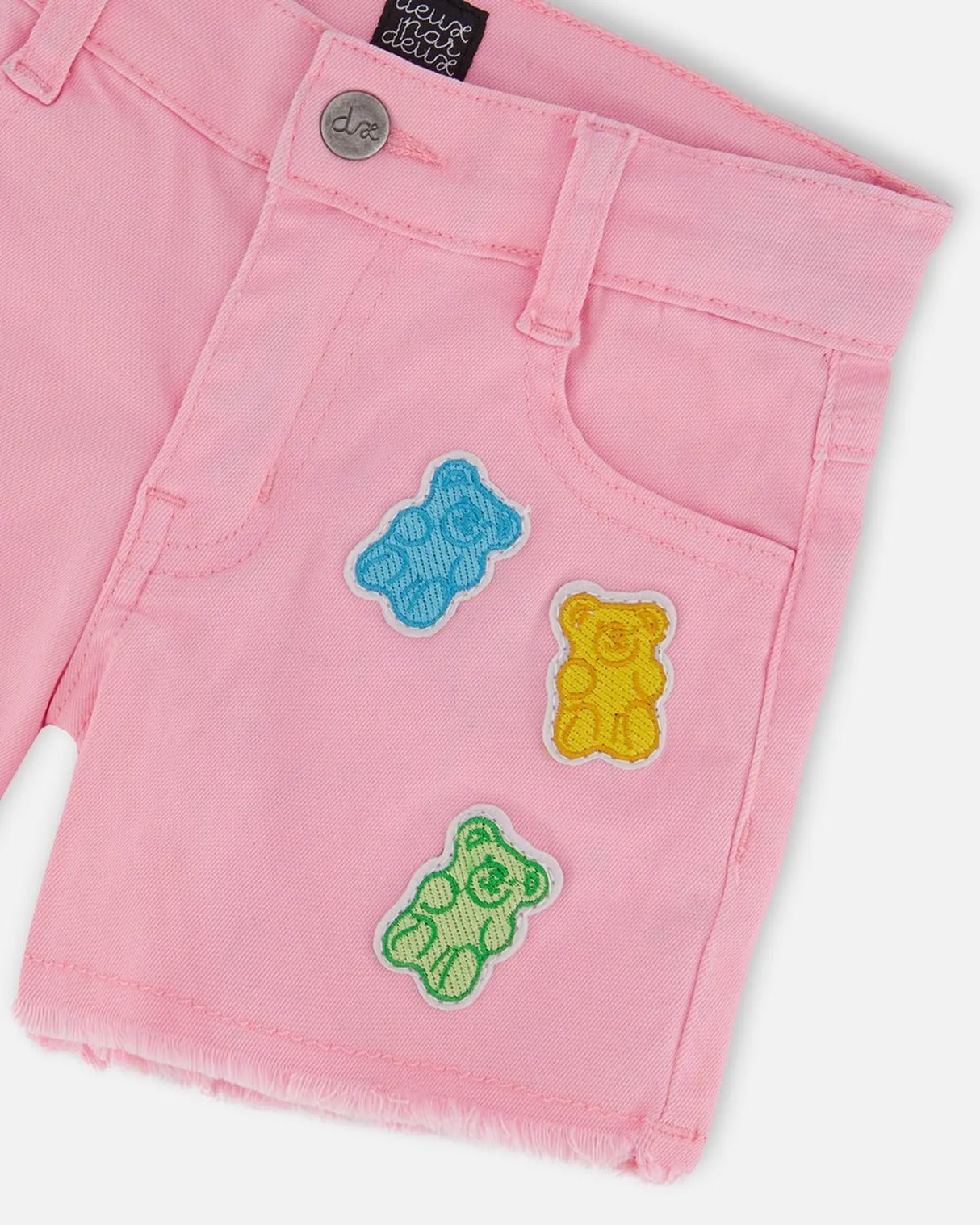 Jean Short With Embroidery Pink And Multicolored Gummies | Deux par Deux | Jenni Kidz