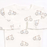 "la bicyclette" print on off-white infant pajama set | petit lem