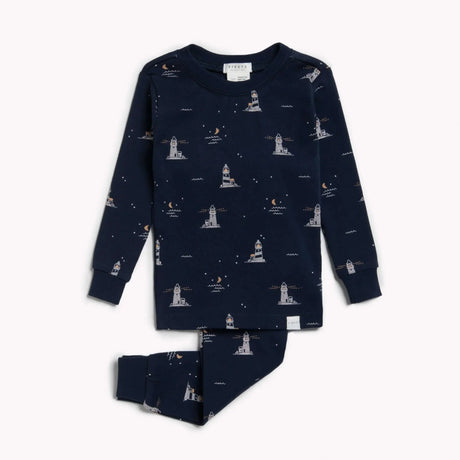 "lighthouse at night" print on anchor blue infant pajama set | petit lem