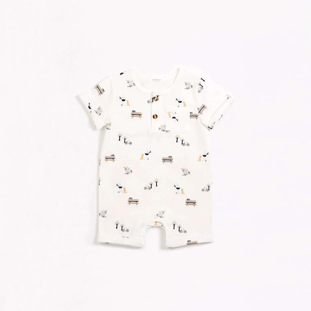 "little picnic" print on off-white romper | petit lem