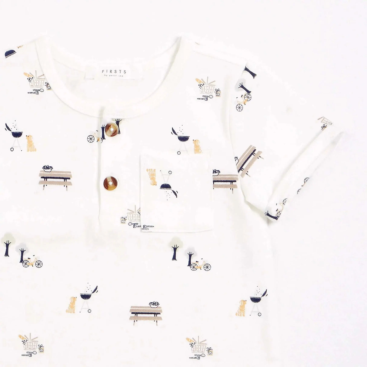 "little picnic" print on off-white romper | petit lem