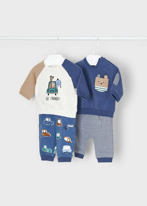 Two animal sweatshirts with car-print and grey pants four-piece baby set