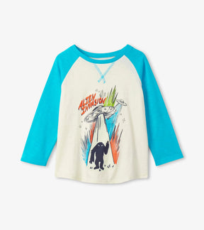 Hatley boys off-white raglan tee with turquoise sleeves and Alien Invasion UFO graphic, front view
