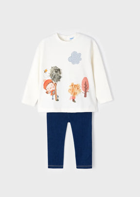 Ivory appliqué long-sleeve top and dark blue leggings baby girls set