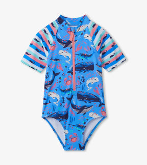 Hatley girls Aquatic Friends rashguard one piece in blue with sea creature print and striped sleeves