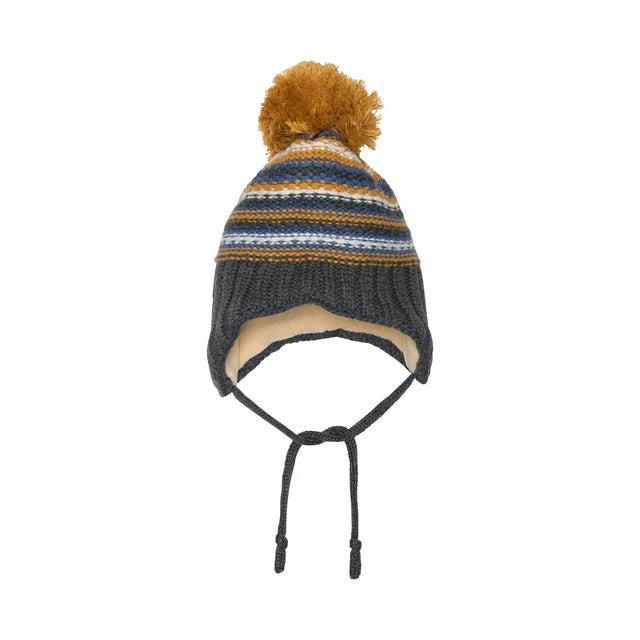 Baby Earflap Winter Hat Grey, Yellow And Blue Striped | DEUX PAR DEUX - DEUX PAR DEUX