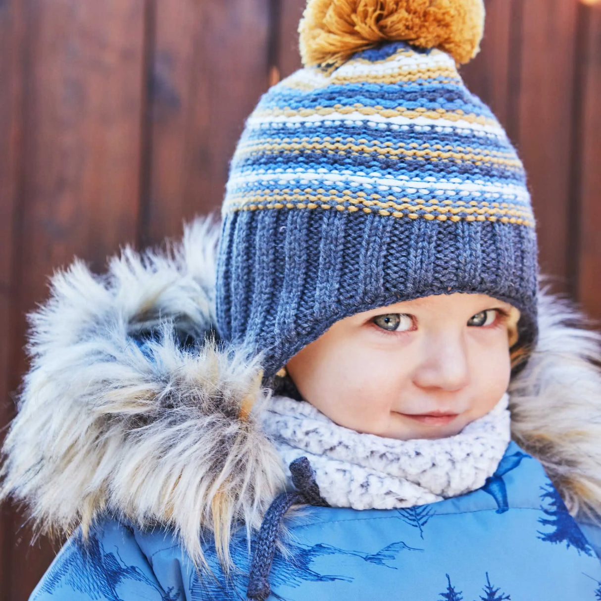 Baby Earflap Winter Hat Grey, Yellow And Blue Striped | DEUX PAR DEUX - DEUX PAR DEUX