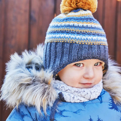 Baby Earflap Winter Hat Grey, Yellow And Blue Striped | DEUX PAR DEUX - DEUX PAR DEUX