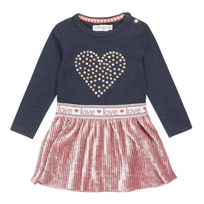 Front view of navy and old-pink Dirkje baby girls dress with heart