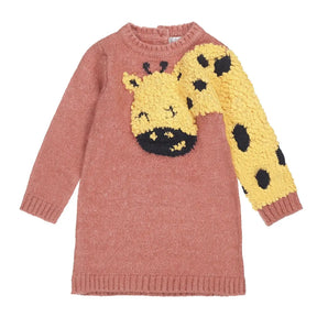 Front view of old-pink Dirkje knit dress with fuzzy yellow giraffe