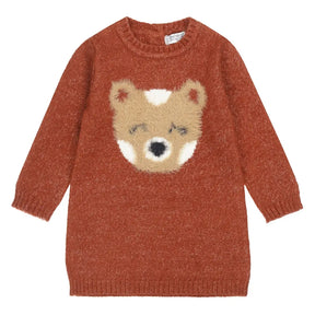 Front view of rust-brown Dirkje knit dress with fuzzy bear face