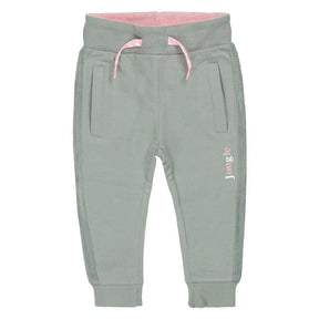 Front view of sage green Dirkje baby girls jogging pants with pink drawcord and jungle lettering