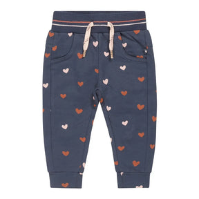 Front view of navy Dirkje girls sweatpants with colourful heart print
