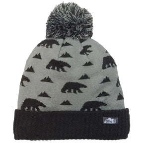 Grey and black bear-pattern knit beanie with pom-pom, product view