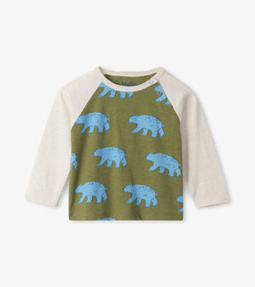 Hatley olive and cream raglan baby tee with blue bear print, front view
