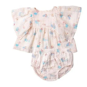 Angel Dear Magical Sea boho top and bloomer set in blush muslin with tiny blue sea animals