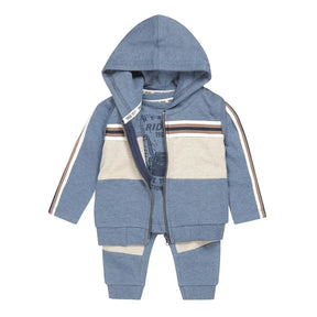 Front view of Dirkje baby boys blue three-piece cardigan outfit