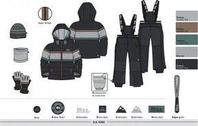 Blizz boys Deep Sea snowsuit set showing included winter jacket, snow pants, hat, neck warmer, and mitts.