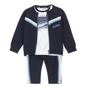 Front view of Dirkje baby boys navy cardigan, white T-shirt and striped pants set