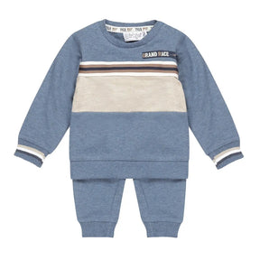 Front view of blue-melange Dirkje baby boys sweatshirt and trousers set