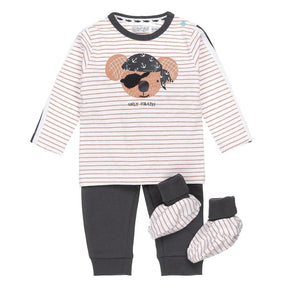 Front view of Dirkje baby boys striped pirate bear shirt, grey pants and striped booties