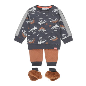Dark blue dinosaur sweatshirt, rust pants and plush booties set, front view