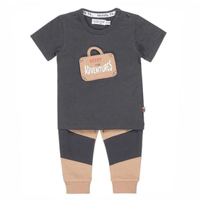 Front view of Dirkje baby boys charcoal suitcase T-shirt and tan color-block joggers