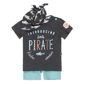 Front view of Dirkje baby boys dark grey pirate T-shirt, aqua shorts and printed bandana