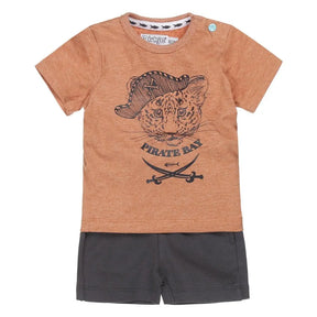 Front view of Dirkje baby boys rust pirate cat T-shirt and dark grey shorts