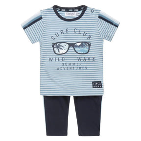 Front view of Dirkje baby boys light blue striped sunglasses T-shirt and navy pants