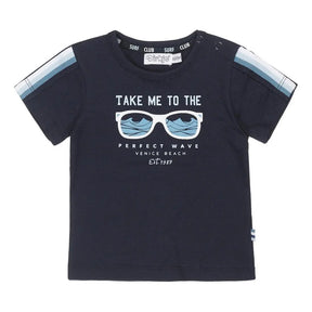Front view of navy Dirkje boys T-shirt with sunglasses print and striped shoulders