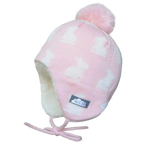Pink bunny pattern knit ear flap hat with a pom-pom, product view