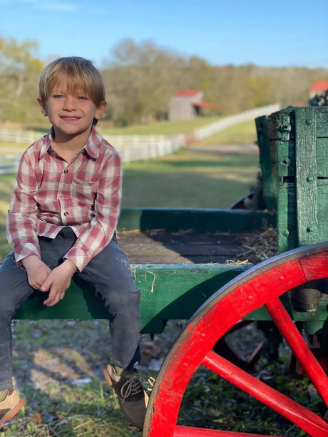 Coral/white/blue plaid woven shirt | Me & Henry - Jenni Kidz