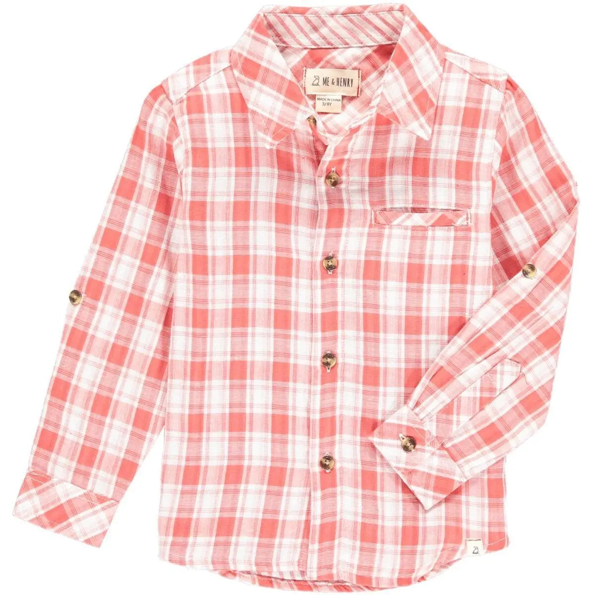 Coral/white plaid woven shirt | Me & Henry - Jenni Kidz